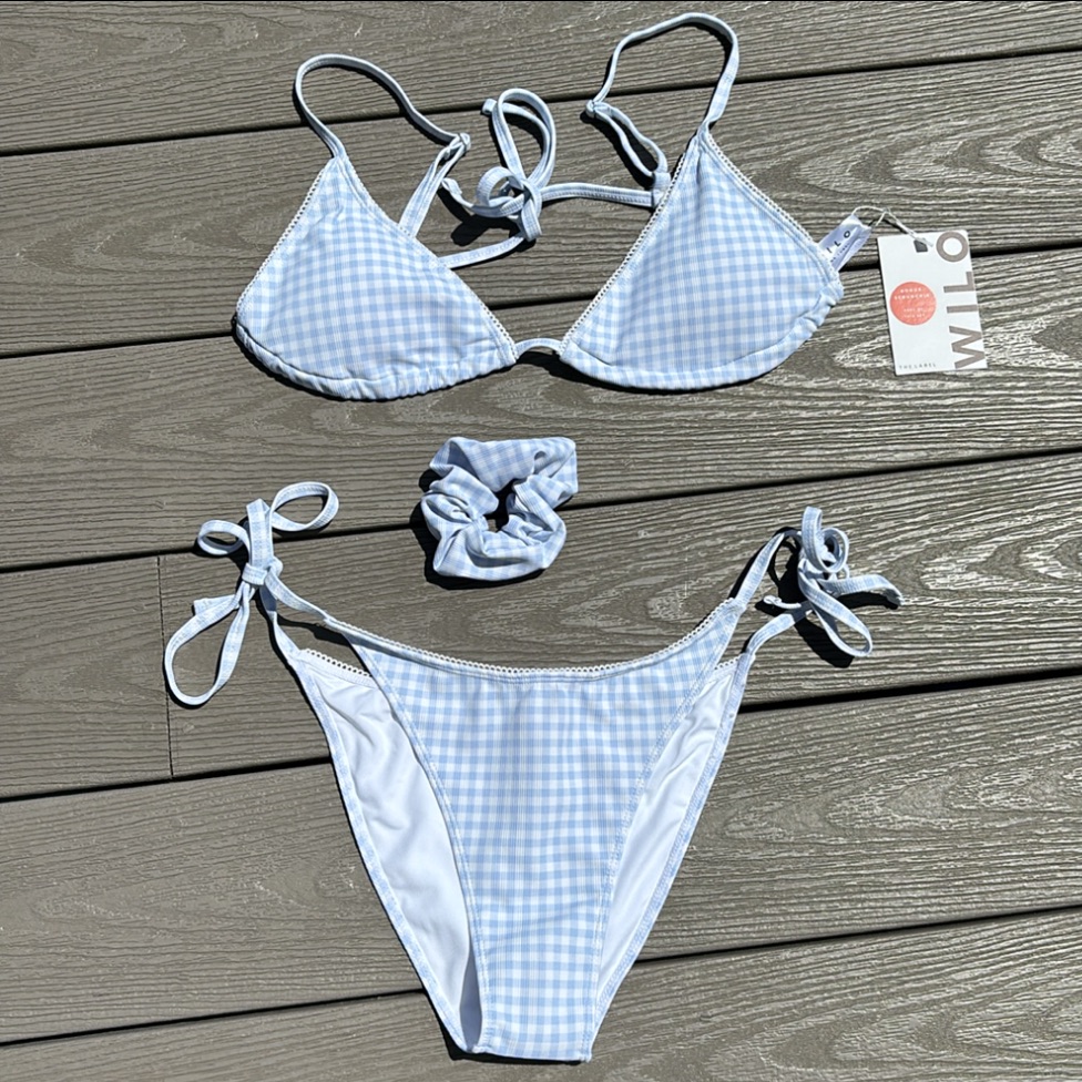 3pc Plaid Light Blue Wilo The Label Bikini With Matching Scrunchie